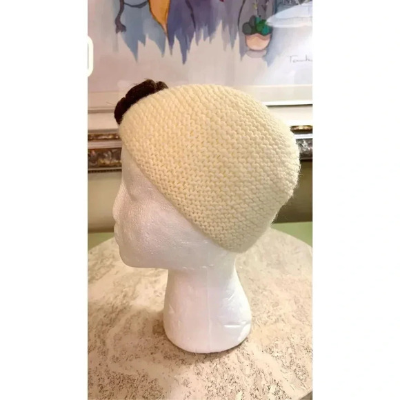 Vintage Handmade Knit Yarn Wool Kids Girls Hat Beanie Cream Flower - Picture 5 of 8